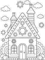 Whimsical gear adorned house coloring page clouds sun simple lines charming design vector
