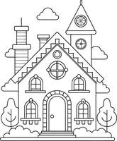 Charming fairytale house coloring page detailed line art whimsical details clock tower trees clouds vector