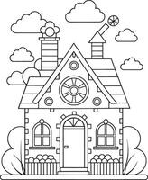 Adorable fairytale house coloring page charming details whimsical design simple lines cute clouds vector