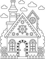 Adorable gingerbread house coloring page charming details whimsical clouds simple lines perfect for vector