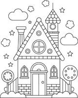 Adorable fairytale house coloring page charming design simple lines whimsical clouds and stars vector