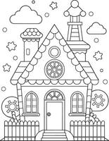 Charming gingerbread house coloring page whimsical design stars clouds simple line art fun activity vector