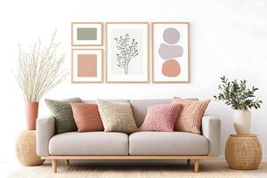 Soft colors and cozy textures create a warm living space with a stylish sofa adorned with decorative pillows and art pieces in a bright room photo