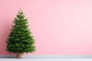 Empty wall with a blank pink background and a decorative green tree creating a simple and clean copy space for design purposes photo