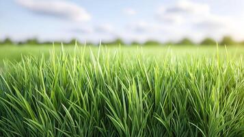 Lush green grass swaying gently in the breeze on a sunny day in an open field, creating a serene natural landscape ideal for relaxation and outdoor activities photo