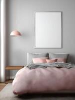 Blank frame for wall art mockup in modern bedroom setting with soft color palette and minimalistic decor photo