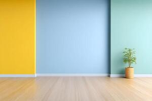 Vibrant empty wall with blank copy space for design, featuring colorful blue and green sections along with a yellow corner and a small decorative plant in a pot photo