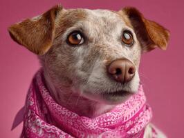heartwarming scene of pet dog wearing pink bandana, showcasing its expressive eyes and unique fur pattern against vibrant pink background. This captures charm and personality of dog photo
