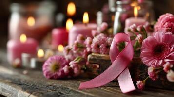 close up of pink ribbon surrounded by flowers and candles, creating serene and supportive atmosphere. soft glow of candles enhances emotional expression of hope and compassion photo