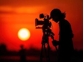 silhouette of photographer with camera against vibrant sunset, capturing beauty of nature. scene evokes sense of creativity and passion for photography photo