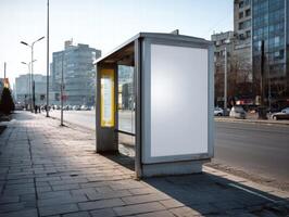blank white billboard at bus stop in city setting, surrounded by modern buildings and clear blue sky. scene conveys sense of urban life and potential for advertising photo