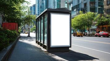 blank white billboard stands at bus stop in bustling city, surrounded by modern buildings and greenery. scene captures urban life with vehicles and pedestrians nearby, creating vibrant atmosphere photo