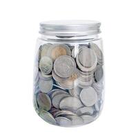 money banknote thai and coin in a piggy jar bank, saving a money concept photo