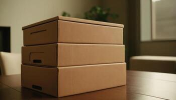 Three boxes stacked on top of each other on a table photo