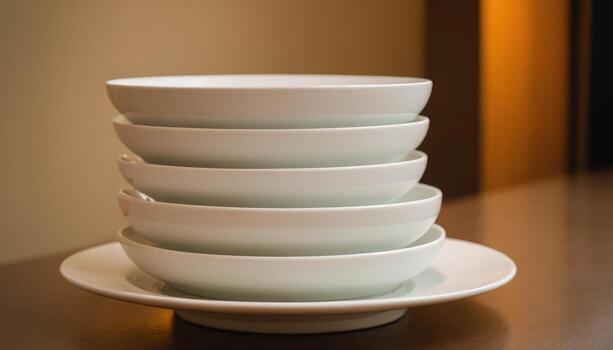 A stack of white bowls on a table photo
