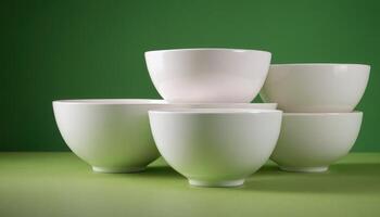 A group of four white bowls on a green background photo