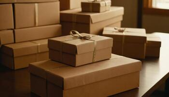 Many brown boxes with brown wrapping paper on top of a table photo