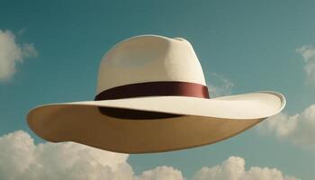 A hat is floating in the air with clouds in the background photo
