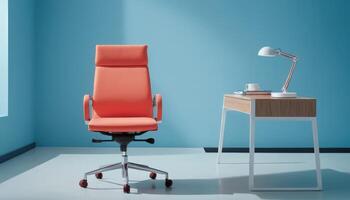 An orange office chair in front of a desk photo