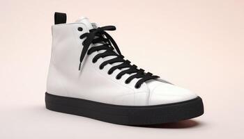 A white high top sneaker with black laces photo