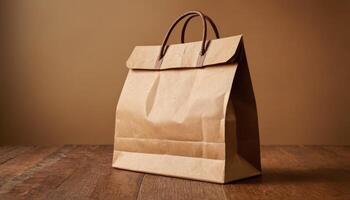 Brown paper bag on wooden table with brown background photo