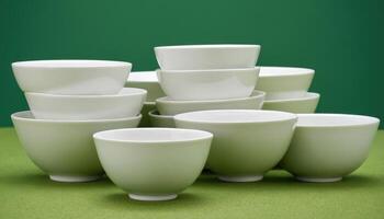 A pile of white cups on a green surface photo