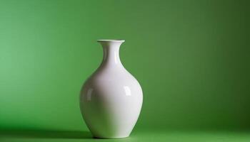 A white vase is sitting on a green background photo
