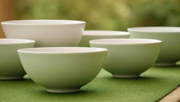 Five green bowls sitting on a green table photo