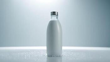 A white bottle with a silver cap sitting on a table photo