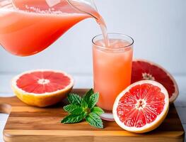 Refreshing pink grapefruit juice pouring into glass with splash, fresh citrus halves, and mint garnish photo