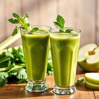 A refreshing green smoothie with celery apple served in tall glasses on a rustic wooden table for a healthy lifestyle photo