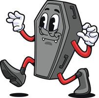 vintage cartoon mascot character coffin is scaring and running vector
