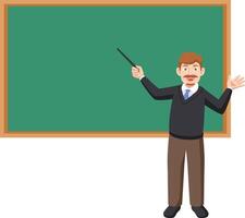 The teacher character is explaining to his students by pointing to the blackboard vector