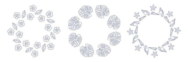 Summer Round Frames with Tropical Leaves and Shells vector