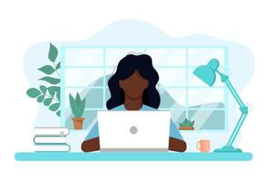 concept of work and study at home, chat online support remotely from home. Isolated white background. Young girl at a computer with flowers, books and a lamp. Illustration, flat style. vector