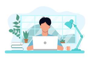 concept of work and study at home, chat online support remotely from home. Isolated white background. The guy at the computer c. with flowers, books and a lamp. Flat style, pastel colors. vector