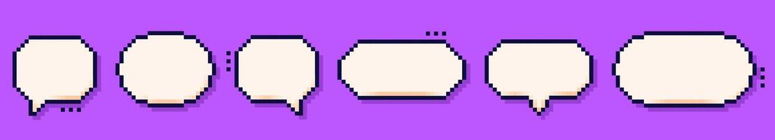 Six pixel speech bubbles drawn in 8 bit style on purple background. vector