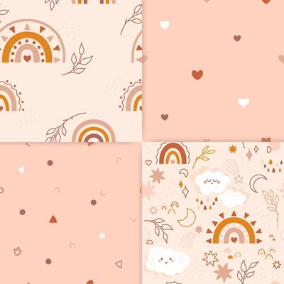 A set of four minimalistic children patterns.. The repeated images contains colored spots, rainbows, twigs, cute clouds with colored raindrops. Also stars, dots and lines of different shapes.
