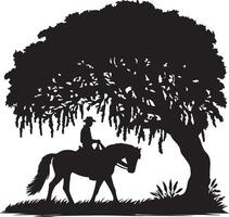 Silhouette of a person on horseback under a large tree with hanging roots and grass below it vector