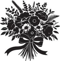 Black silhouette illustration of a floral bouquet with a ribbon tied around the stems design element vector