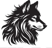 A monochrome illustration of a wolf's head in profile with detailed fur and sharp features design vector