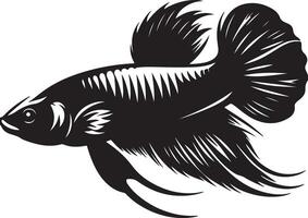 Monochrome graphic illustration of a betta fish with flowing fins and detailed scales design vector