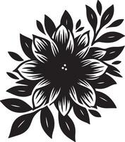 A stylized black and white flower with pointed petals and leaves arranged symmetrically around it vector
