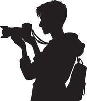 Silhouette of a person holding a camera with a strap and wearing a backpack in black and white vector