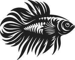 A striking black and white illustration of a betta fish with elaborate fins and tail design style vector