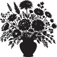 Black silhouette of a flower arrangement in a vase with various flower types and foliage design vector