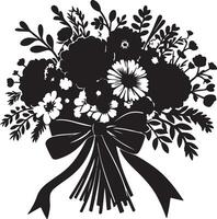 A black and white silhouette of a floral bouquet with a bow tied around the stems of the flowers vector