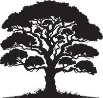 A silhouette of a large tree with dense foliage and a thick trunk standing on a grassy surface vector