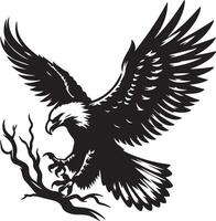Eagle descending from the sky with outstretched wings and talons gripping a bare branch in black and white vector