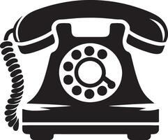 A black and white illustration of a vintage rotary dial telephone with coiled cord design element vector